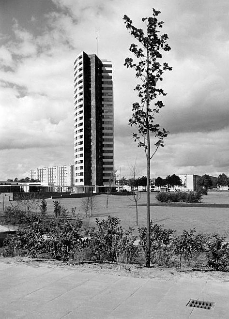 BW photo of a sleek white tower