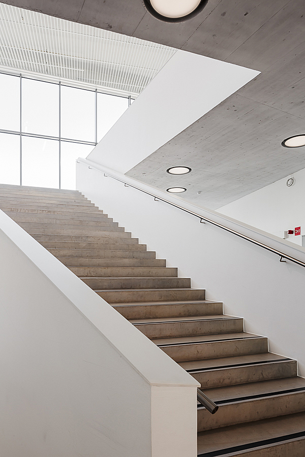 Concrete stairs with white railings.