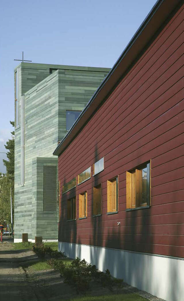 Long timber wall of the church hall