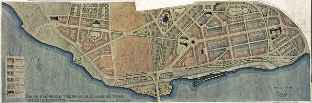 A hand drawn plan that shows the axial plan for the area around the powerplant in Oulu.