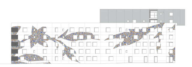 Computer drawing of the facade with a white background and mosaic flower details