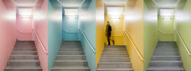 Staircases pictured side-by-side in four colours: rosa, turquoise, yellow and light green