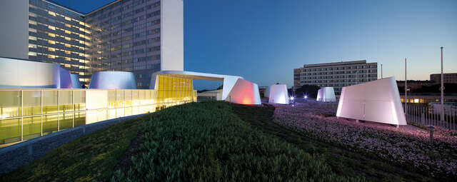 Rounded, illuminated elements and hospital towers