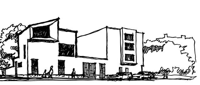 Black and white drawing of a group of three low-rise dwellings