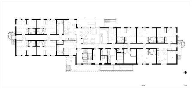 A floor plan consisted of common spaces, flats and terraces.