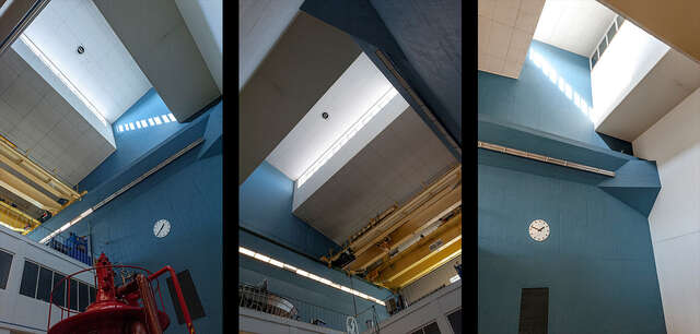 Three pictures of the top light flowing into the machine hall from skylights. The roof is decorated with blue and yellow paint.