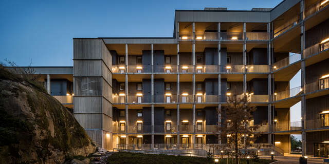 A large apartment building with balconies overlooking a yard at twilight.