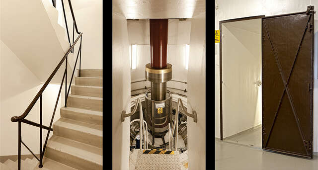 A combined picture with aesthetic views on the staircase, machinery and a doorway in the power plant building.