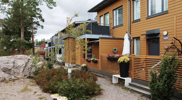 Orange wooden house and yard with shrubbery.