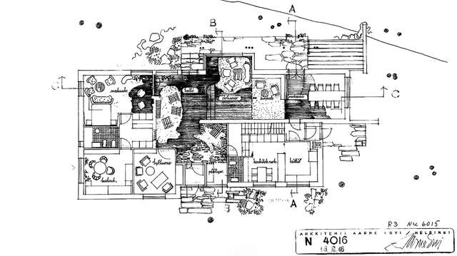Black and white line drawing showcases the space program and how the spaces relate to each other. The house has several entrances, but the main entrance opens to the living room, referred as the "hall" in the floor plan. From the hall one can access the living room area, the library area, and behind the corner one can enter the dining area, after which one has access to the kitchen. The bedrooms of the children and the parents as well as the working room are situated on the left side of the house looking from the main entrance, and they have a private access to the bathroom.