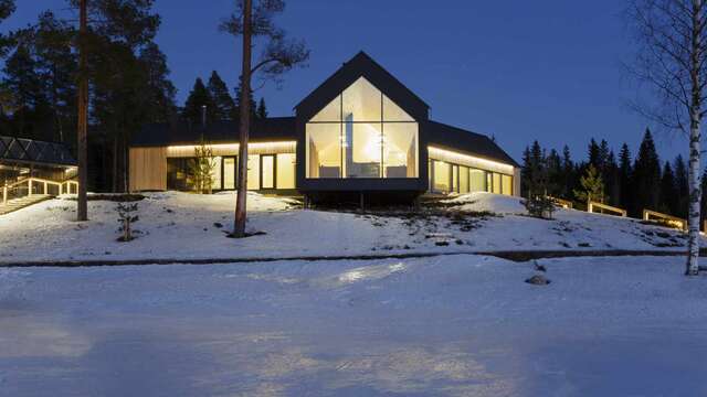 The House portrayed from the lake in a blue winter light