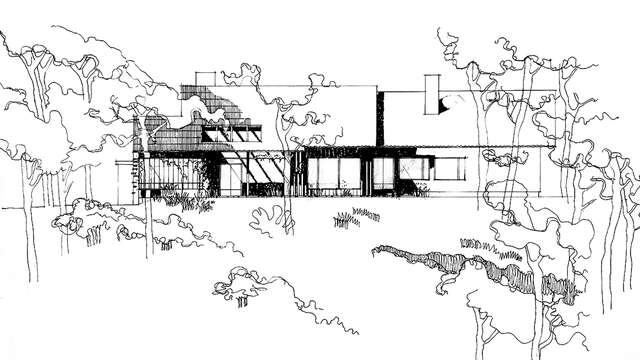 Black and white line drawing displaying the house surrounded by trees. One can note that nature has been considered in the design. This house has a special clerestory window situated at the base of the eaves of the roof.