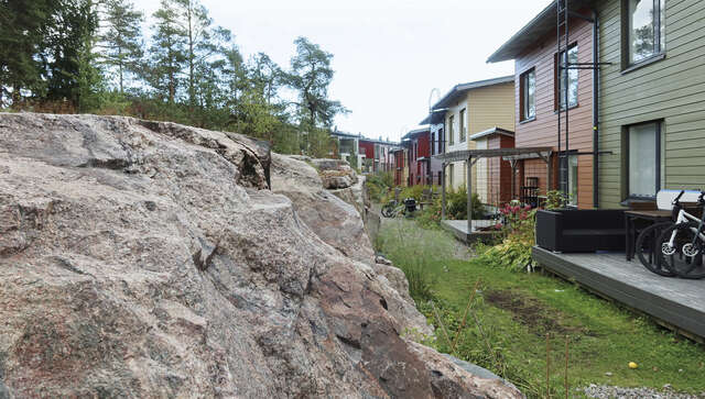 Backyard with large rock to the left and houses to the right.