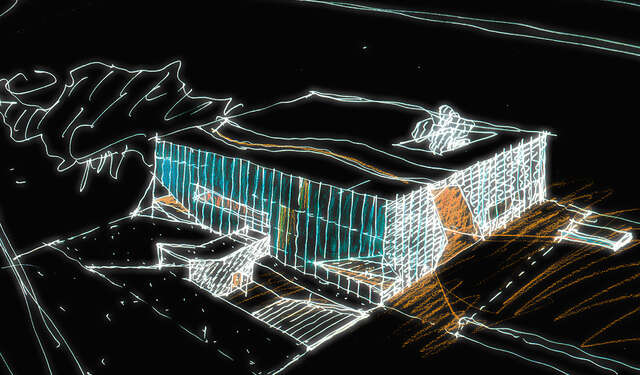 Sketch of the glass facade of the museum on black paper