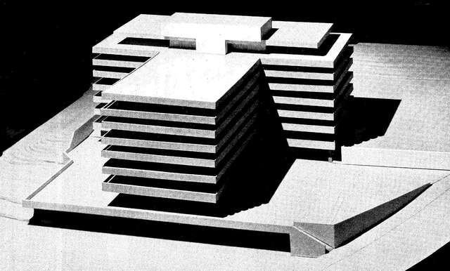 Scale model of an office building.