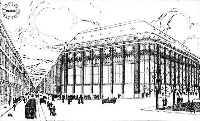 Perspective drawing of the department store facade.