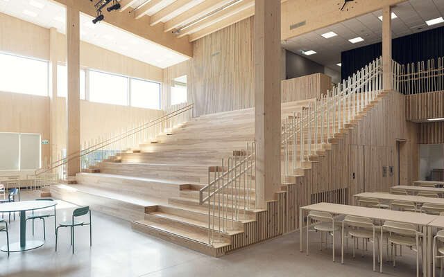 A Large, wide wooden staircase