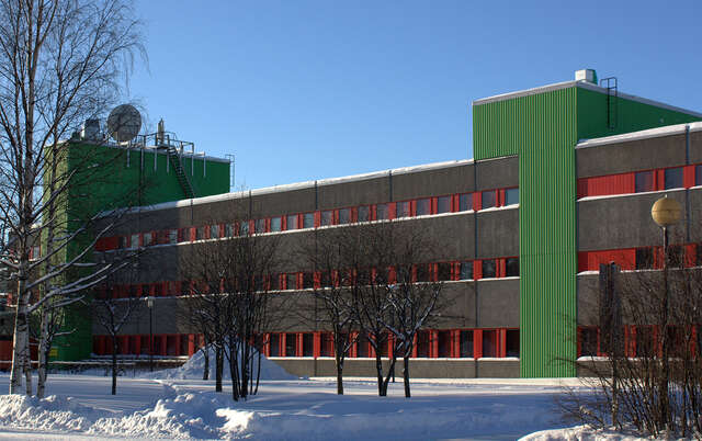 Modernist university building photographed in the wintertime