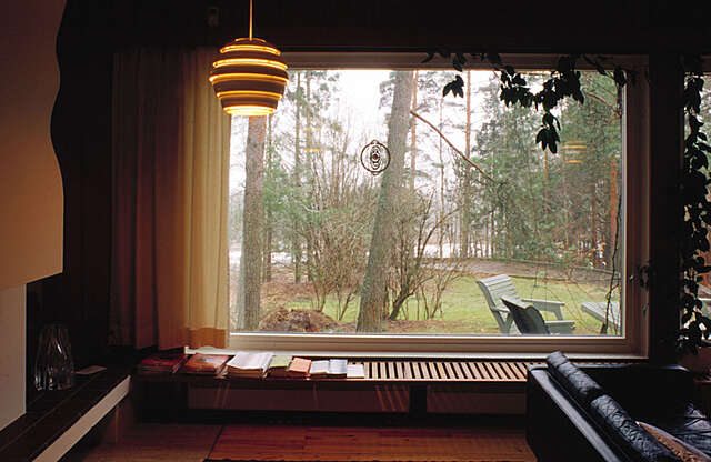 Large window towards the garden, fireplace, lamp, book bench, sofa and a hanging plant