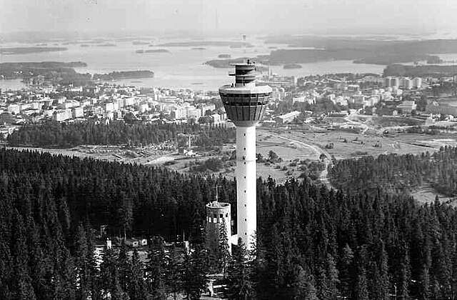 Aerial view of the old and new tower in 1963
