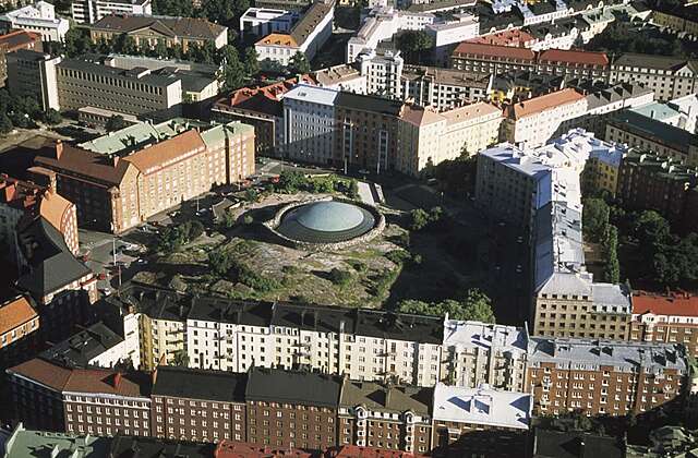 Aerial image of the rock church and its surroundings.