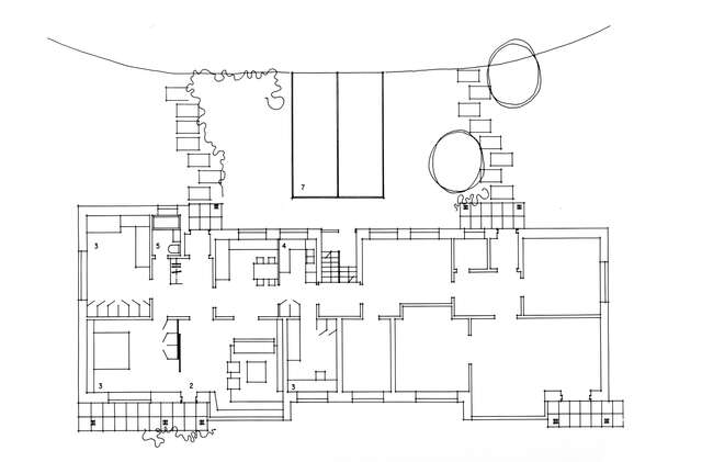 Black and white hand drawn floorplan.