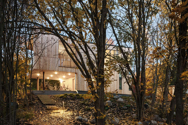 Light-coloured, illuminated wooden house behind trees