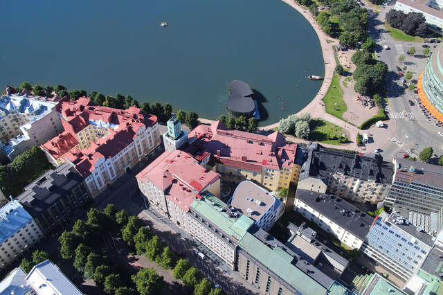 Aerial picture of the Meripaviljonki restaurant built on the sea and its surroundings built on the sea.