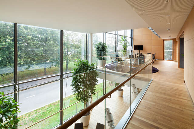 Spacious interior with wooden, green and glazed elements