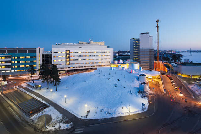 Aerial view of the hospital area and sea landscape behind