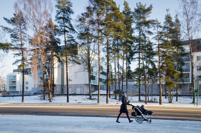 White building behind trees.