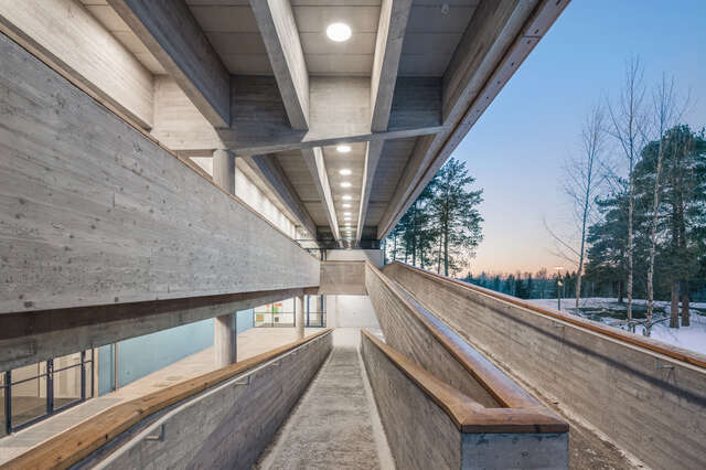 Concrete ramps at the exterior of the building.
