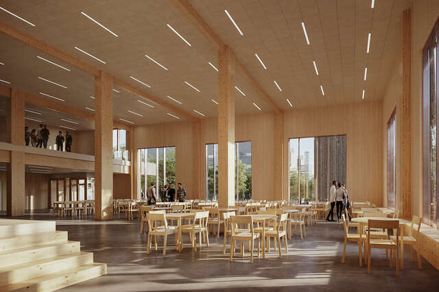 An illustration of a big hall with timber posts and a stepped seating area.