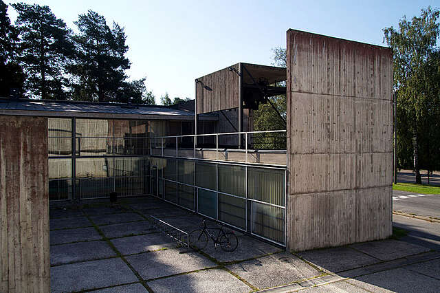 Yard of a modernist, concrete church