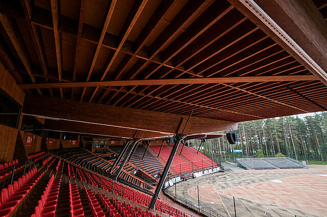 Close-up of the underside of the canopy from the top of the stands, wooden structures