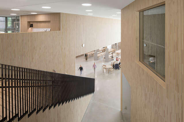 A large indoor area with wood paneling, and a black metal handrail next to a wooden staircase.