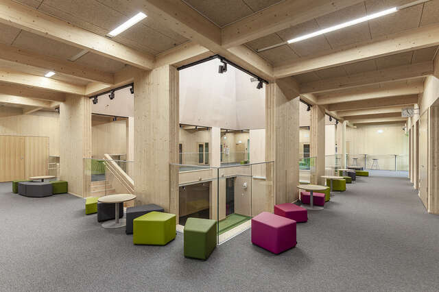 upper floor of the school building with quadratic seats.