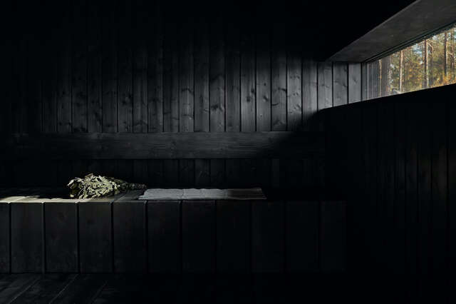 Sauna interior. Dark wood lit by sunlight.