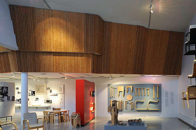 Exhibition space showcasing Alvar Aalto's design work.