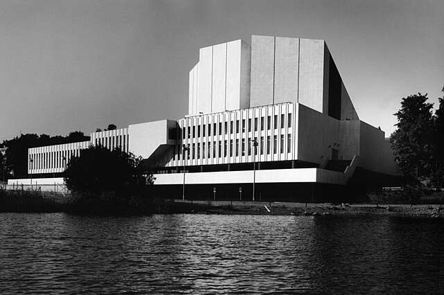 Finlandia Hall facade viewed from the sea.