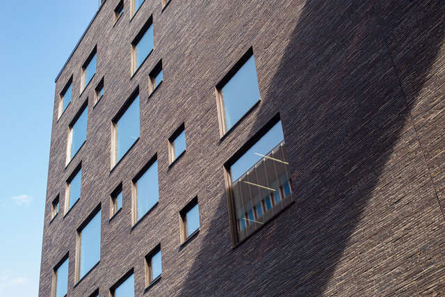 Wall of a large brick building with windows
