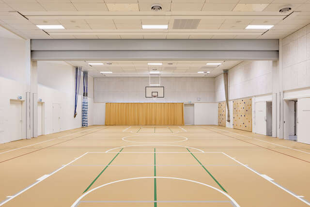 A school gym, with a wooden court and a basketball hoop.