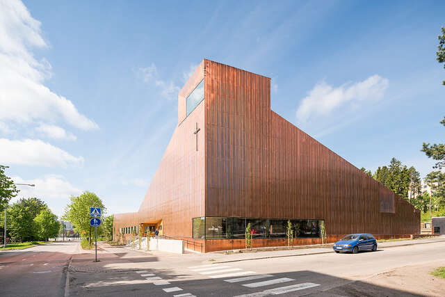 Copper exterior of the chapel viewed from the other side of the street.