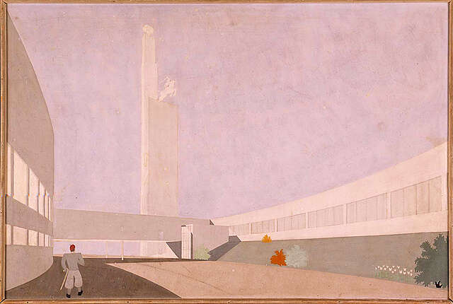 Painting of a possible olympic stadium with a purple sky behind.