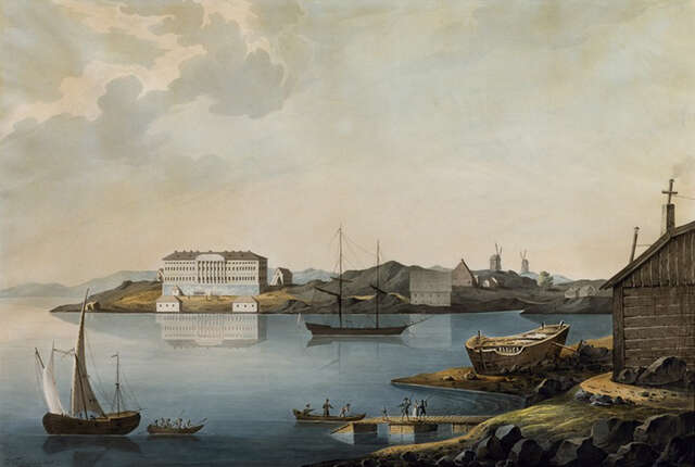 Painting of a coastline with sail boars on the shore