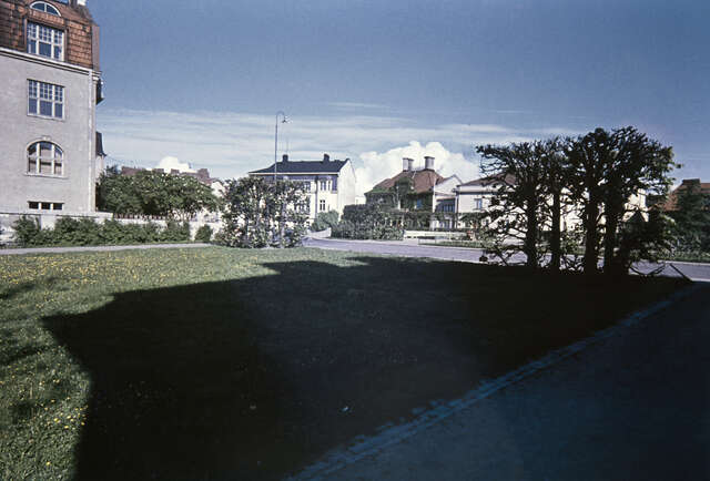 Lawn shadowed by a house.