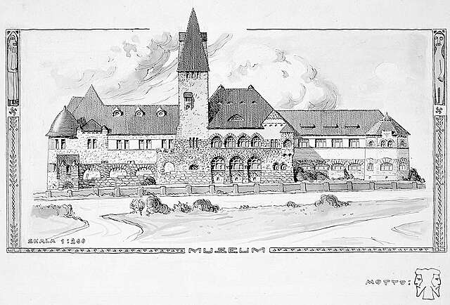 Drawn facade a stone building with a tower.