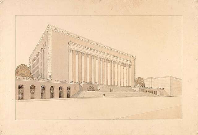 Drawing of the facade of the Parliament House.