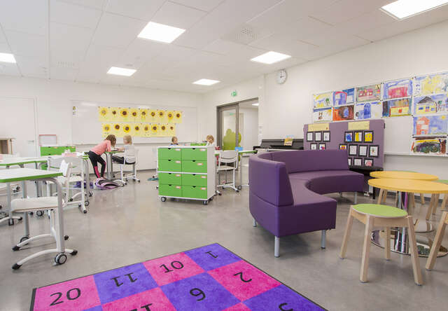 Classroom with colorful furniture and flexible seating.