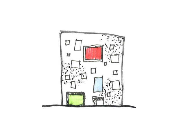 Sketch of a house with colorful windows